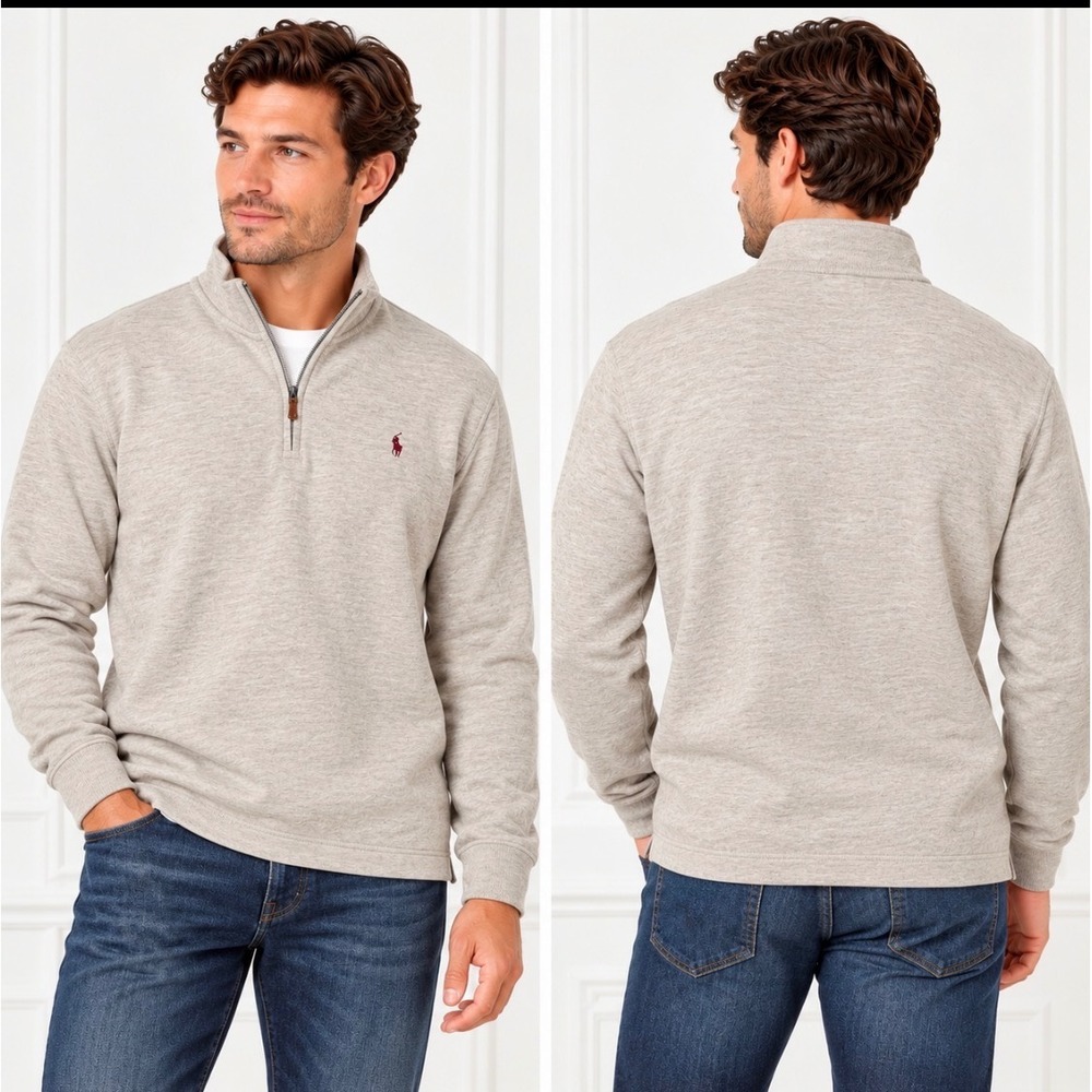 Polo Ralph Lauren Estate Rib Quarter Zip Pullover L Cotton Logo Oatmeal/
Grey